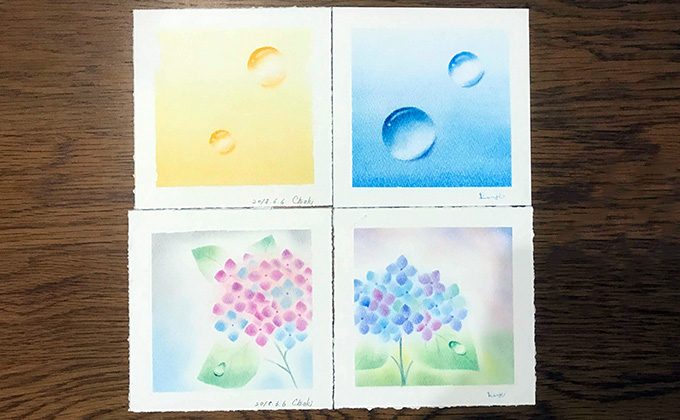 パステルアート「紫陽花と水滴」